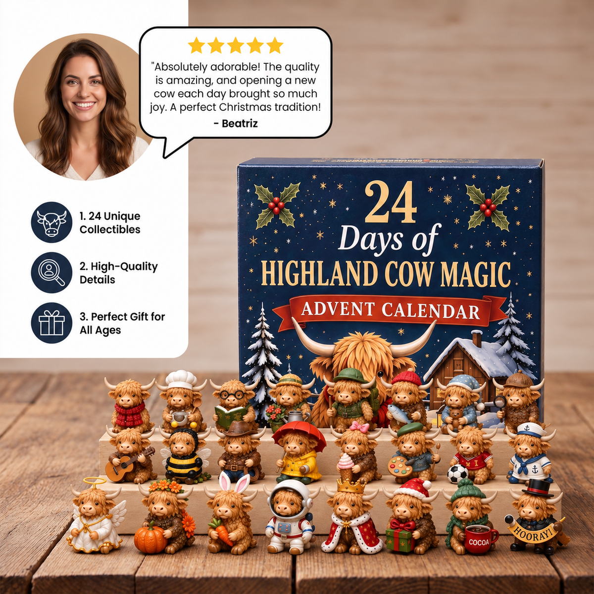 24-Day Highland Cow Advent Calendar with Collectible Mini Figurines
