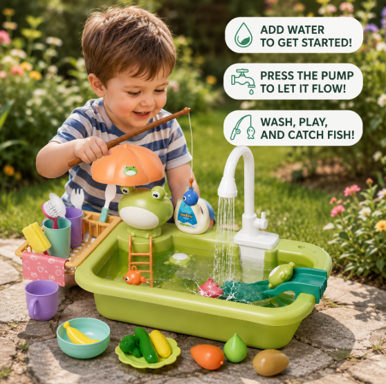 Kids Play Kitchen Sink Set with Running Water & Fishing Game