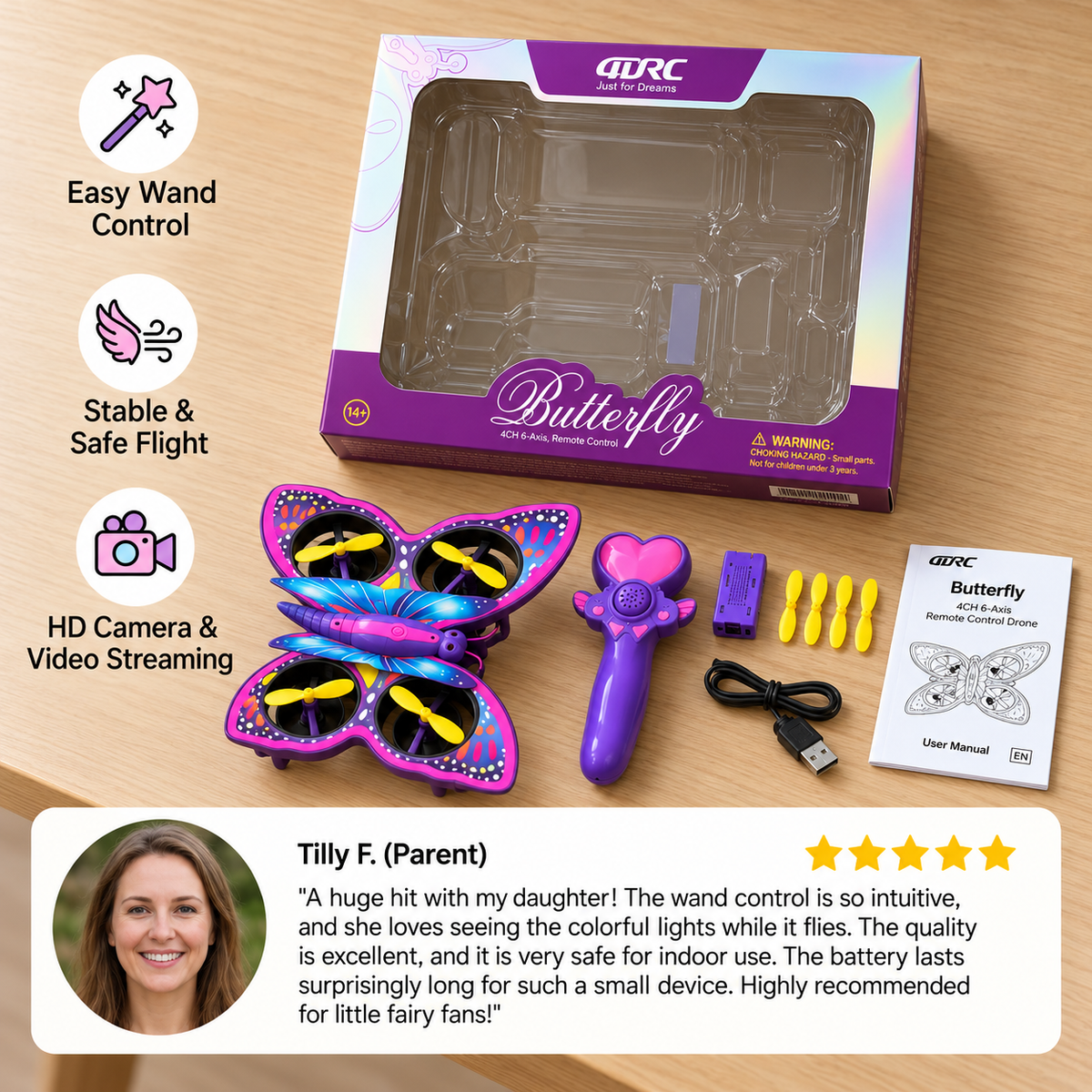 Magic Light-Up Butterfly Quadcopter Toy with Wand Control
