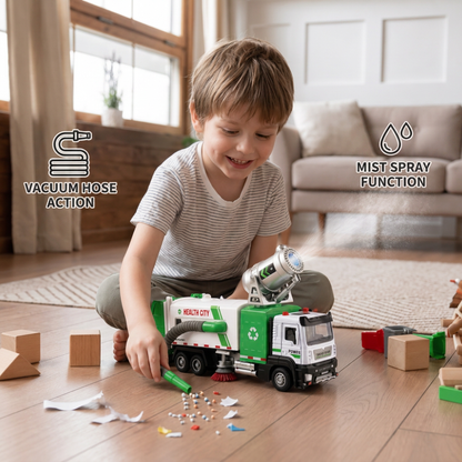 Die-Cast Street Sweeper Toy Truck with Vacuum Hose & Mist Spray