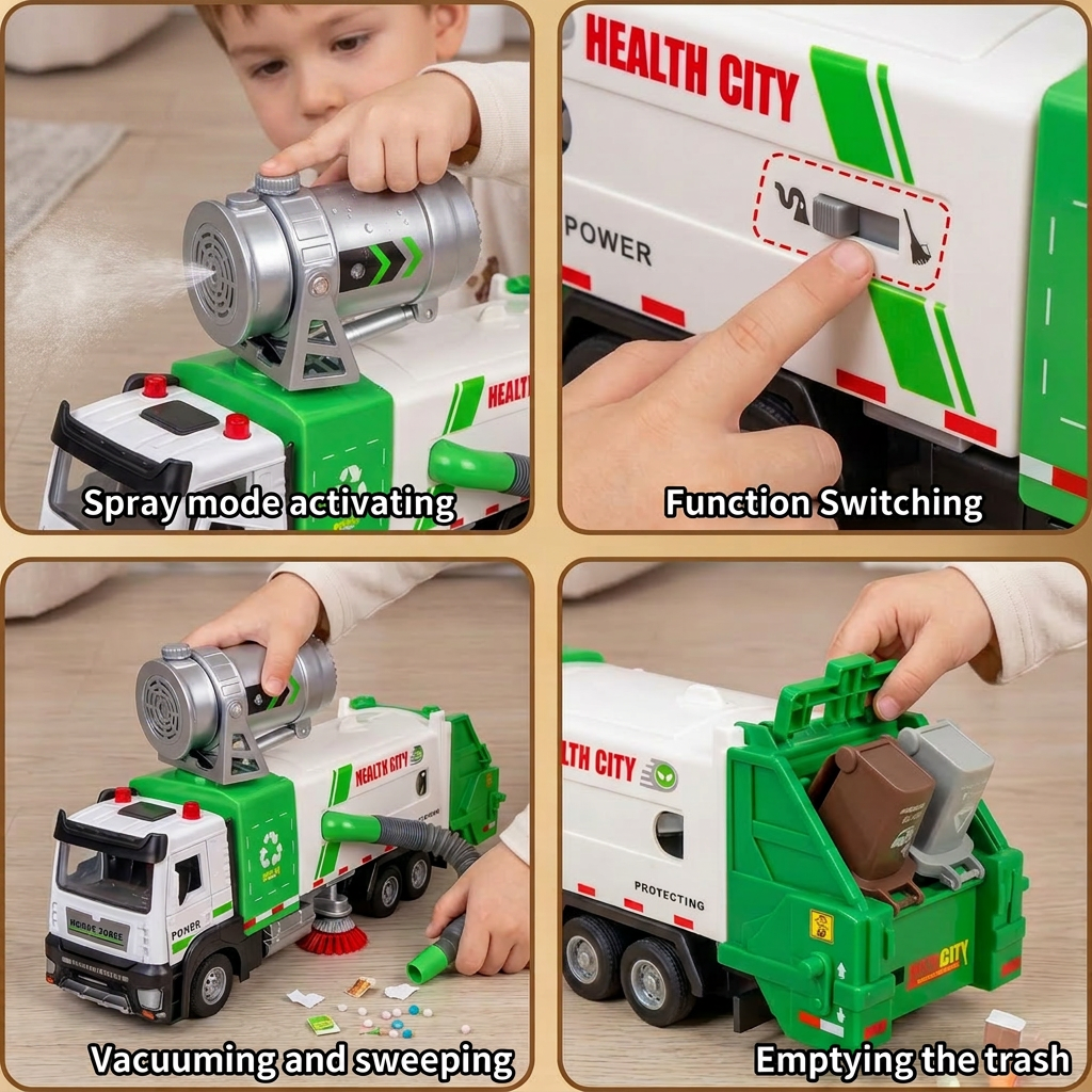 Die-Cast Street Sweeper Toy Truck with Vacuum Hose & Mist Spray