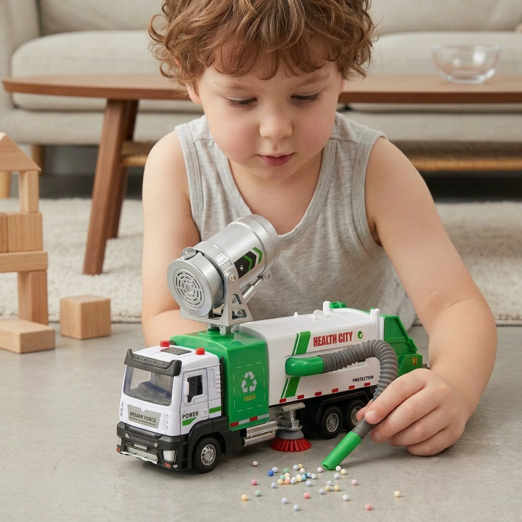 Die-Cast Street Sweeper Toy Truck with Vacuum Hose & Mist Spray