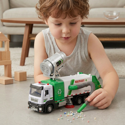 Die-Cast Street Sweeper Toy Truck with Vacuum Hose & Mist Spray