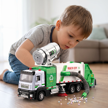 Die-Cast Street Sweeper Toy Truck with Vacuum Hose & Mist Spray