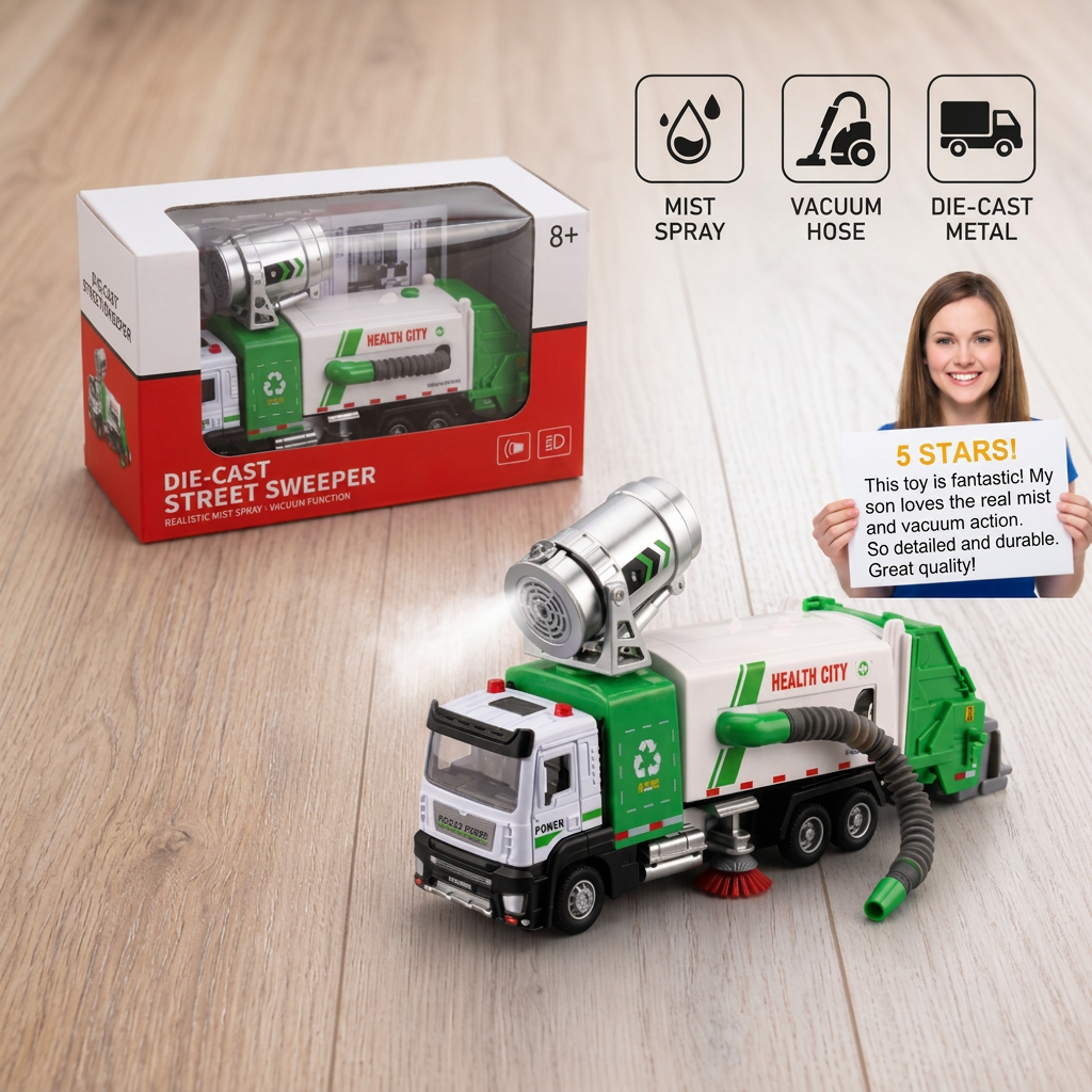 Die-Cast Street Sweeper Toy Truck with Vacuum Hose & Mist Spray
