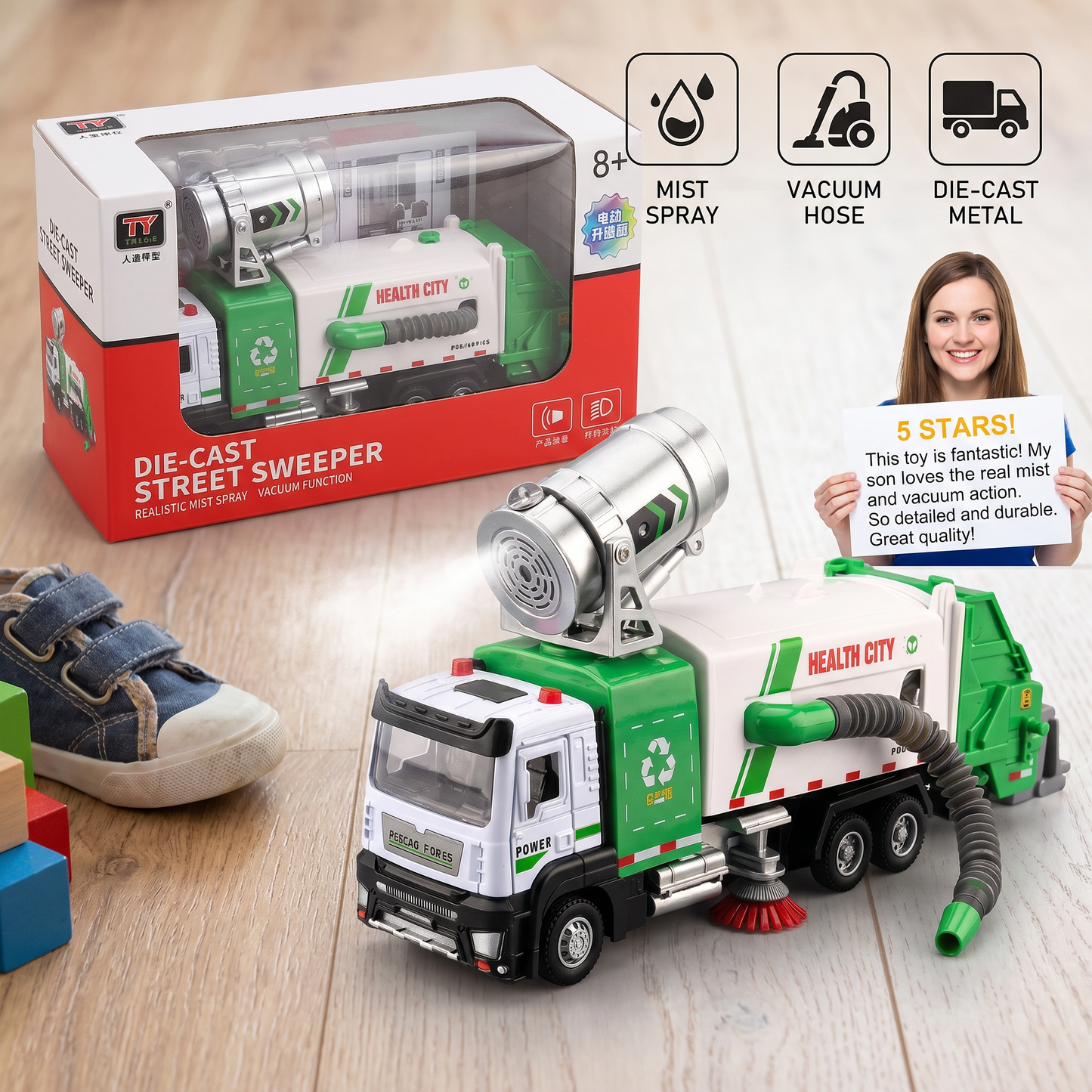 Die-Cast Street Sweeper Toy Truck with Vacuum Hose & Mist Spray
