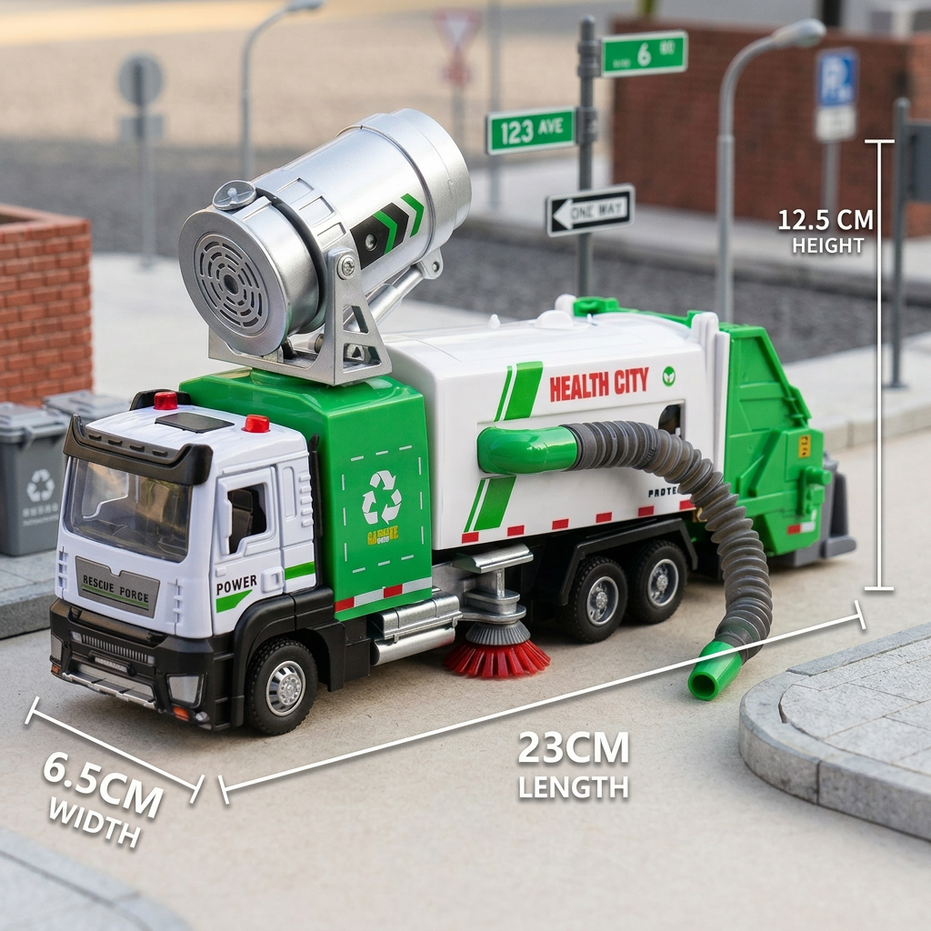 Die-Cast Street Sweeper Toy Truck with Vacuum Hose & Mist Spray