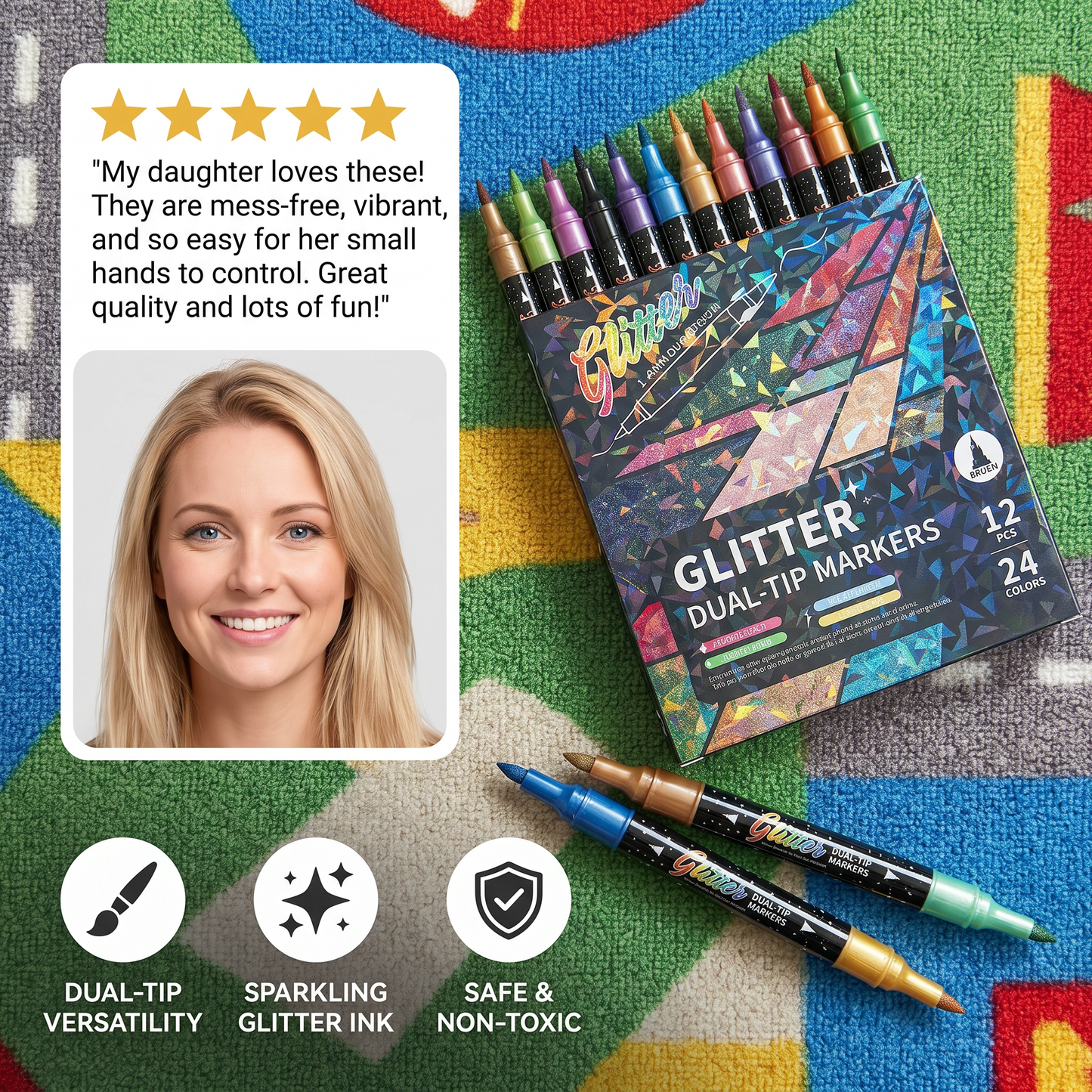 Glitter Brush Marker Set – Dual-Tip Sparkling Art Markers