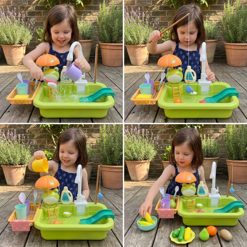 Kids Play Kitchen Sink Set with Running Water & Fishing Game