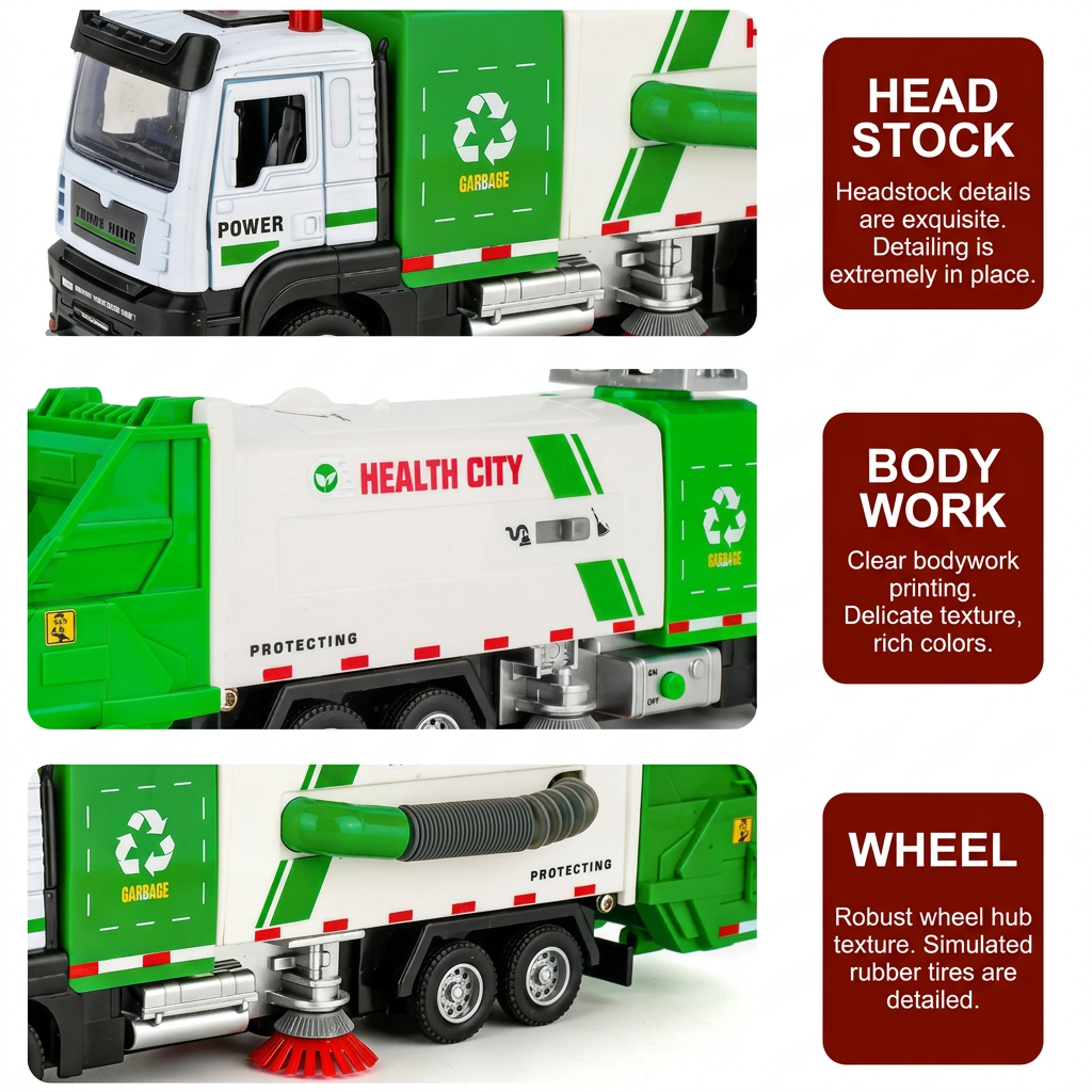 Die-Cast Street Sweeper Toy Truck with Vacuum Hose & Mist Spray