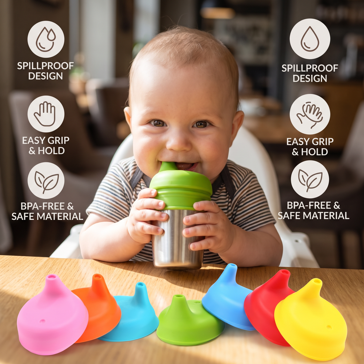 BPA-Free Spillproof Silicone Sippy Cup Lids with Straw