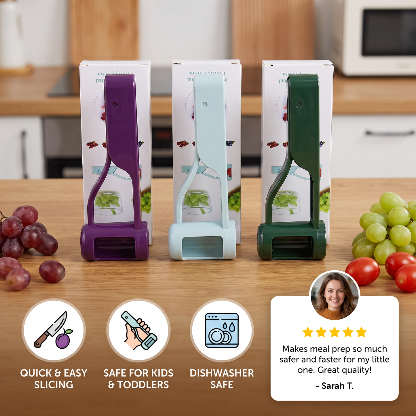 Stainless Steel Grape & Cherry Tomato Cutter – Safe One-Press Quarter Slicer for Toddlers & Kids