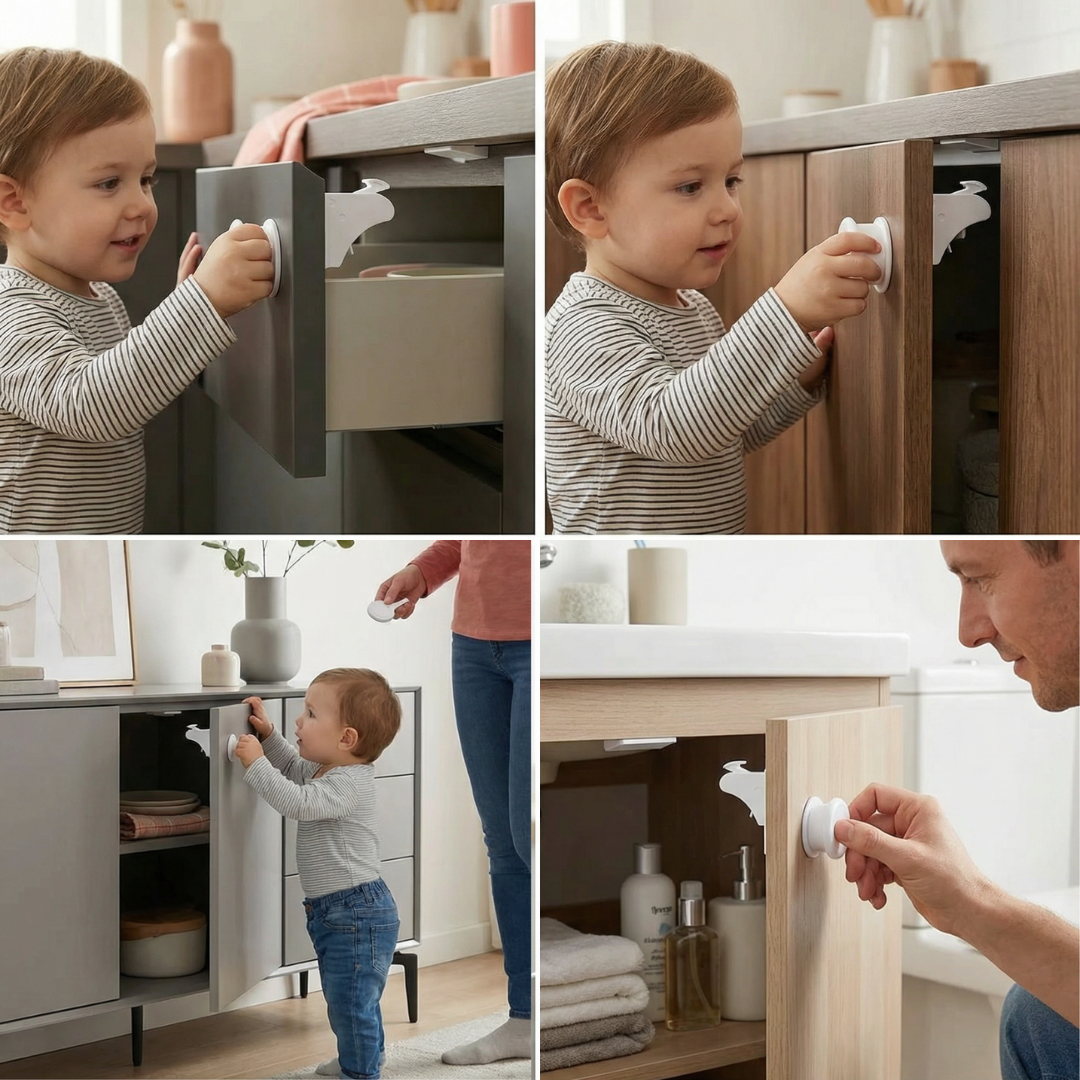 Magnetic child proofing cabinet and door lock set