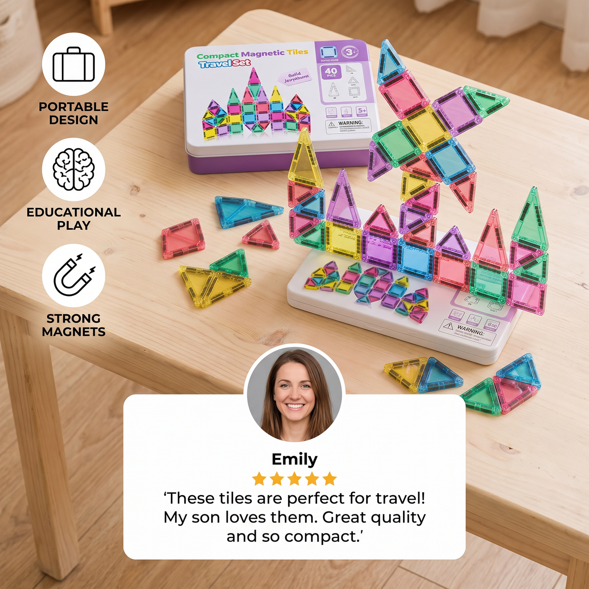 Compact Magnetic Tiles – 40-Piece Montessori Travel Set