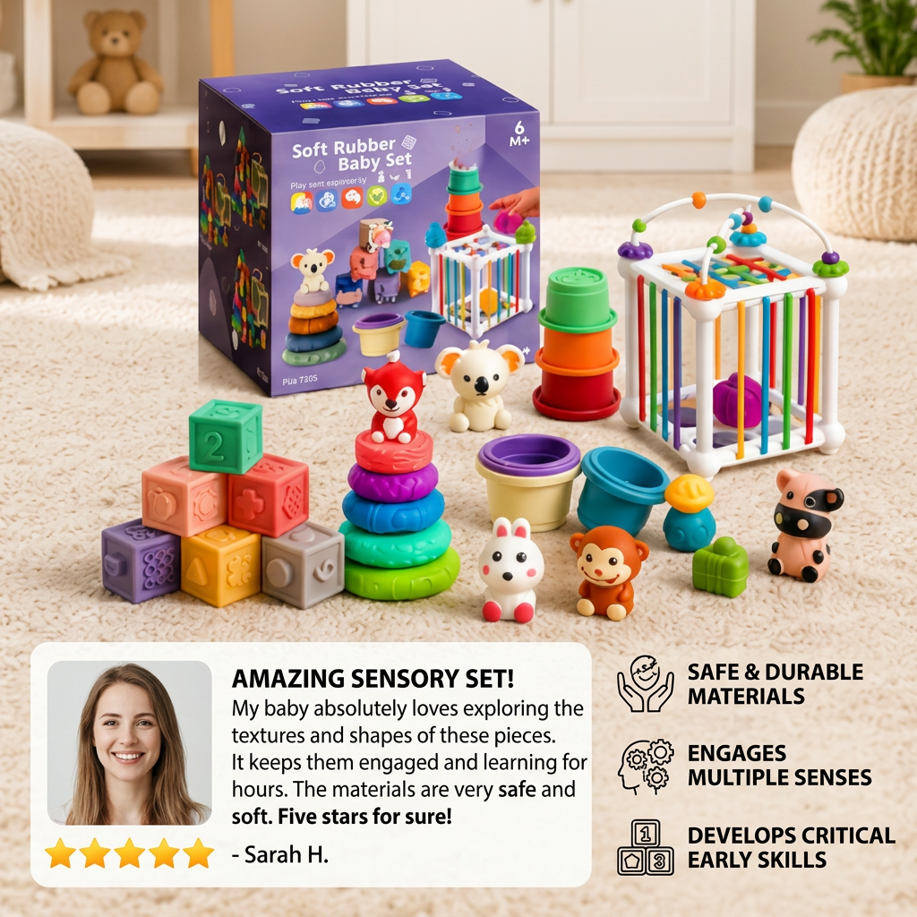 5-in-1 Montessori Soft Rubber Baby Sensory Play Set with Stacking & Sorting Toys – 26 Pieces
