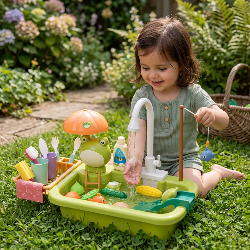 Kids Play Kitchen Sink Set with Running Water & Fishing Game