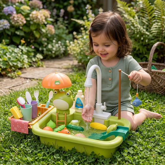 Kids Play Kitchen Sink Set with Running Water & Fishing Game