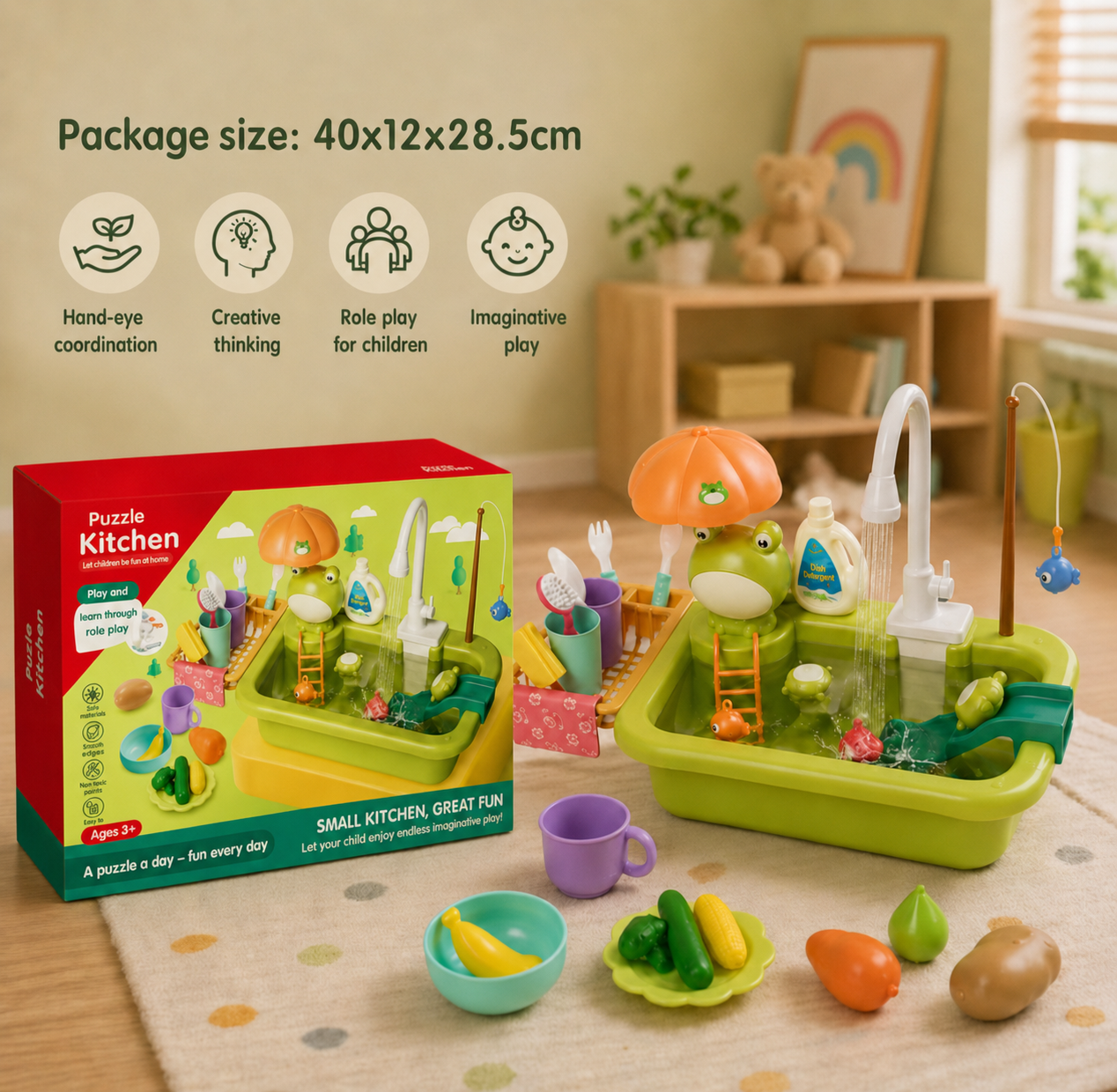 Kids Play Kitchen Sink Set with Running Water & Fishing Game