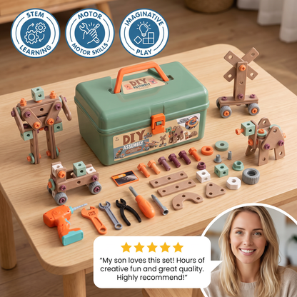144-Piece Kids Tool Set with Drill & Toolbox – STEM Montessori Construction Kit