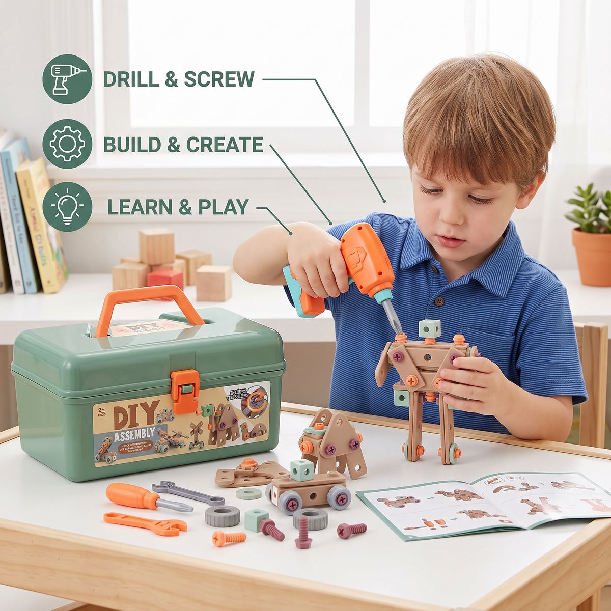 144-Piece Kids Tool Set with Drill & Toolbox – STEM Montessori Construction Kit