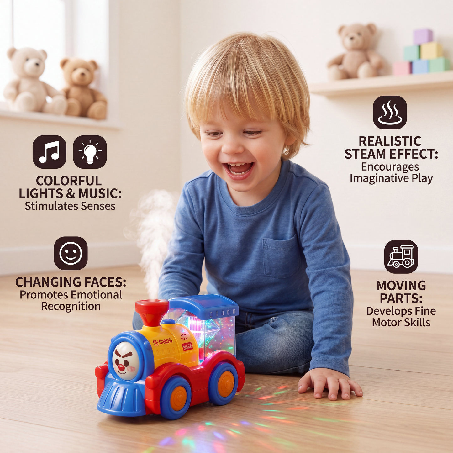 Transforming Train Toy with Steam, Lights & Music