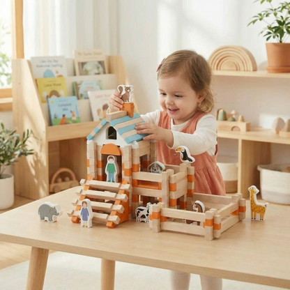 Montessori wooden building block set – natural stacking and construction toy