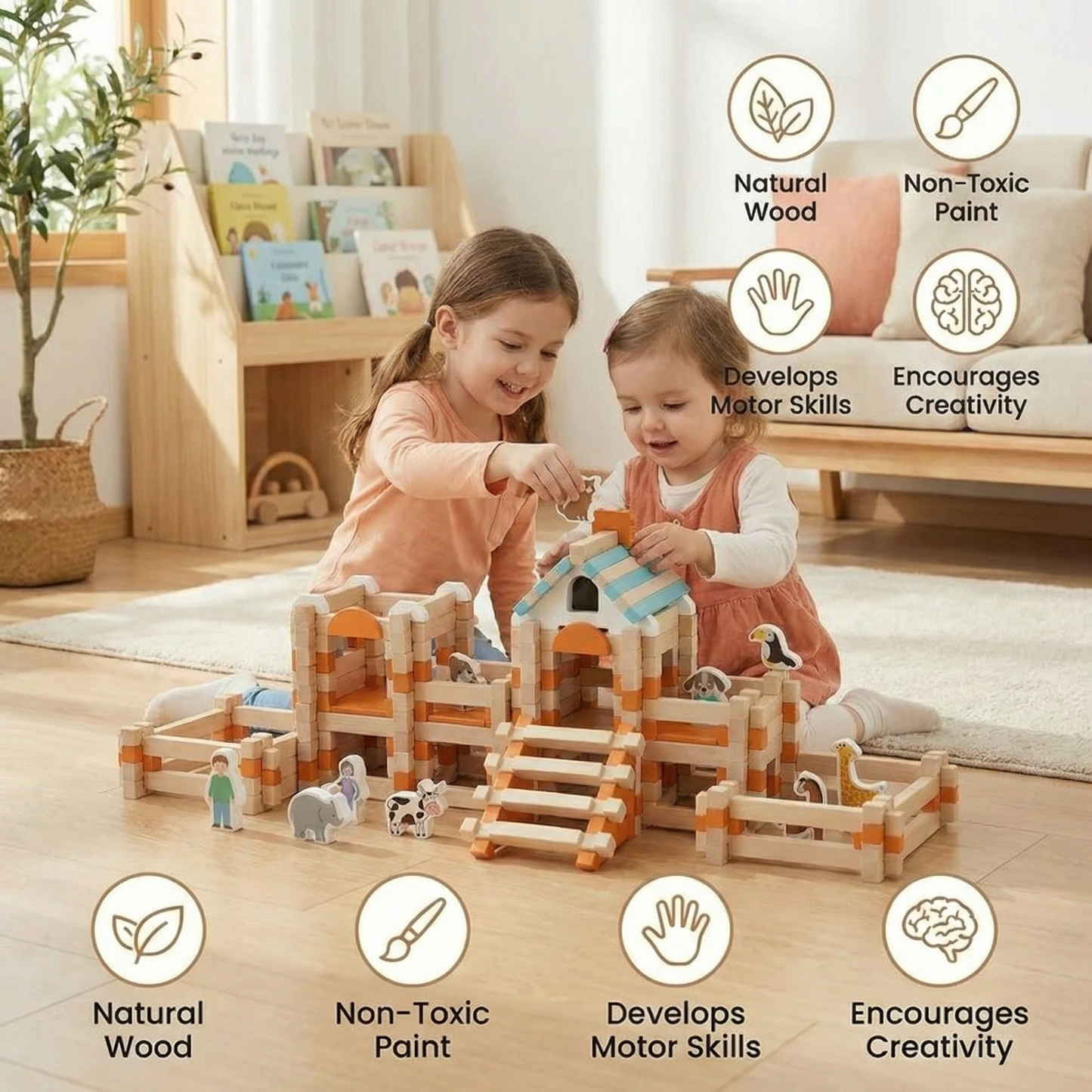 Montessori wooden building block set – natural stacking and construction toy
